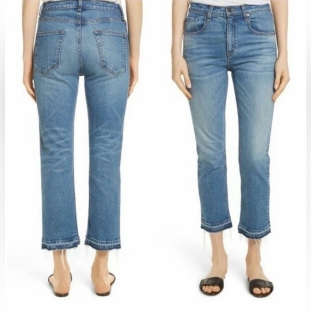 Veronica Beard Ines Girlfriend Cotton Cropped Pipeline Wash Fray Hem Jeans 26